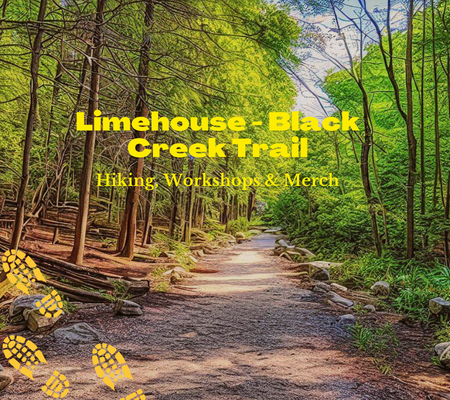 A scenic view of Limehouse Black Creek Trail, featuring towering limestone conservation area cliffs, a wooden footbridge over a serene creek, and a winding trail through lush greenery.